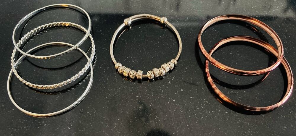 6 Pc Bangle Bracelet Lot Silver Copper Tone Stackable Beaded Charm Mixed Jewelry